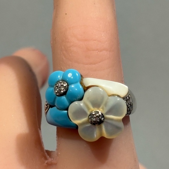 Artisan Sterling Silver Mother-of-Pearl & Turquoise Flower Statement Ring Size 8 - Picture 7 of 13